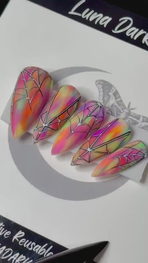 
                      
                        Load and play video in Gallery viewer, Psychedelic Silk, Neon Rainbow Spiderweb Nails, Summer Goth Press On Nails, Spooky Summer Nails, Halloween Press Ons,  Reusable False Nails
                      
                    