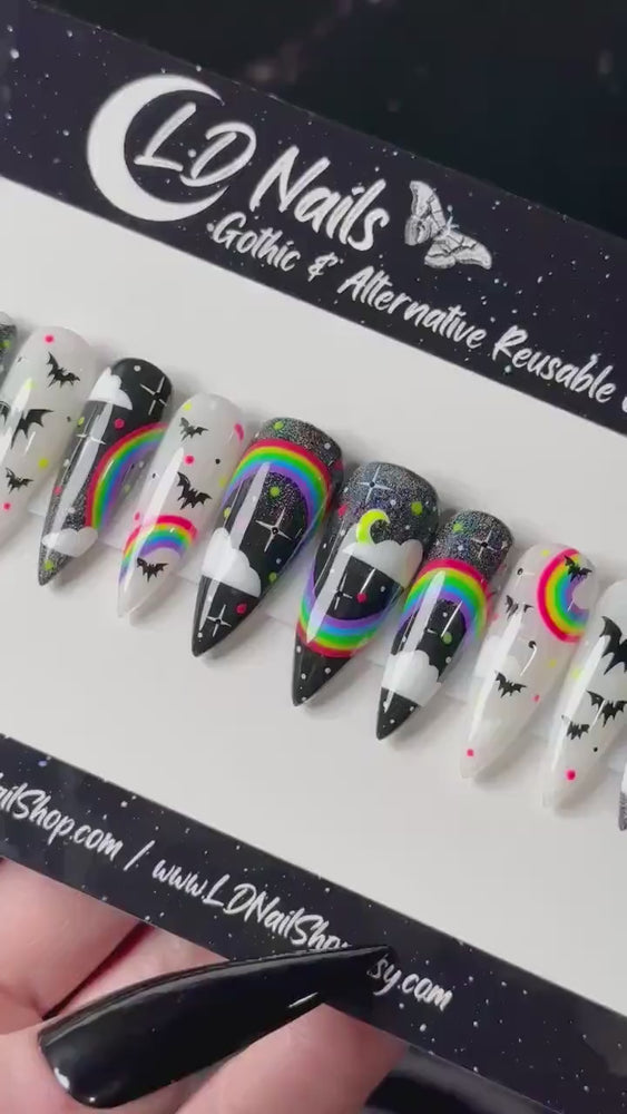 
                      
                        Load and play video in Gallery viewer, Nocturnal Rainbow Dreamscape, Gothic Rainbow Bat Press On Nails, Neon Goth Holo Rainbow Nails, Gothic Pride Press Ons, Dark Rainbow Nails
                      
                    