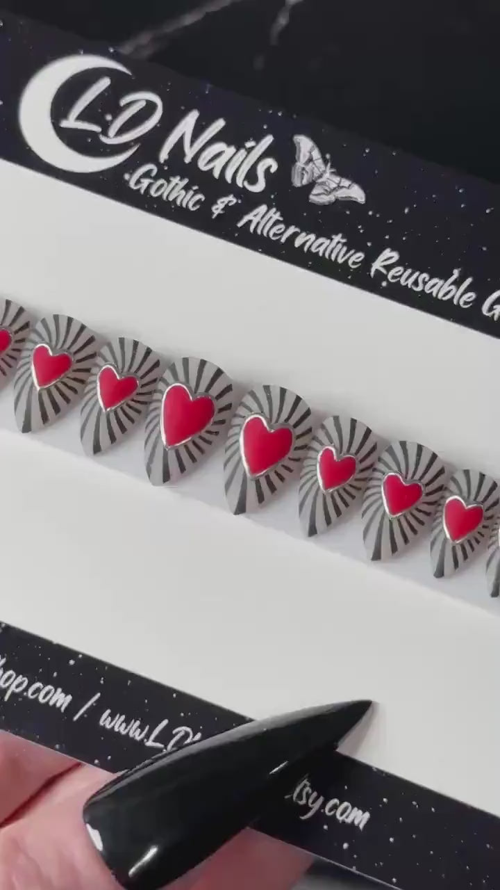 Swirl Hearts, Red Silver Black Gothic Valentines Nails, Heart Press On Nails, Alt Nails, Witchy Nails, Goth Press Ons, Reusable False Nails