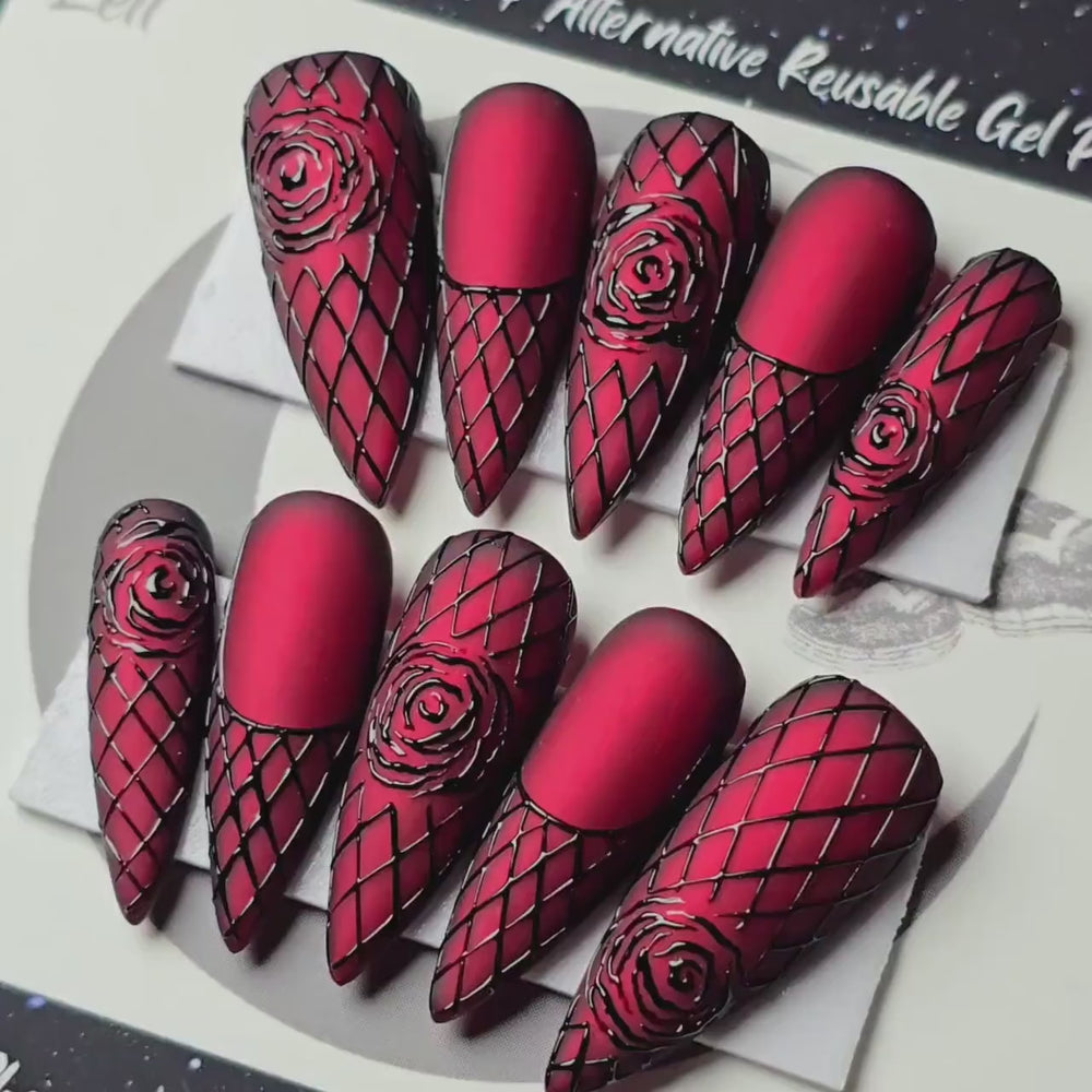 
                      
                        Load and play video in Gallery viewer, Valentine Vixen, Red Chrome Valentine&amp;#39;s Day Press On Nails, Gothic Black Rose Nails, Embossed Nails, 3D Nails, Reusable False Nails
                      
                    