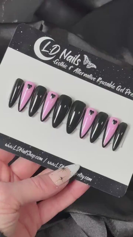 
                      
                        Load and play video in Gallery viewer, Love Affair, Valentine’s Day Press On Nails, Pink and Black French, Alternative Nails, Witchy Nails, Goth Press Ons, Reusable False Nails
                      
                    