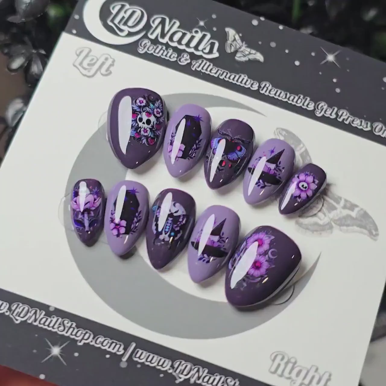 Witchy Moth Press On Nails, Short Purple Press Ons, Gothic Summer Nails