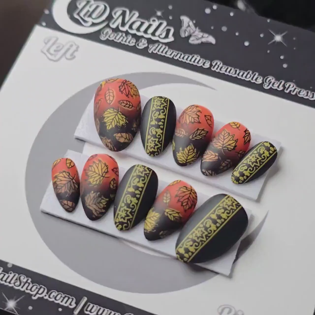 Free Fallin, Autumn Leaves Ombré Press On Nails, Witchy Orange and Black Autumn Nails, Orange Black and gold Press Ons