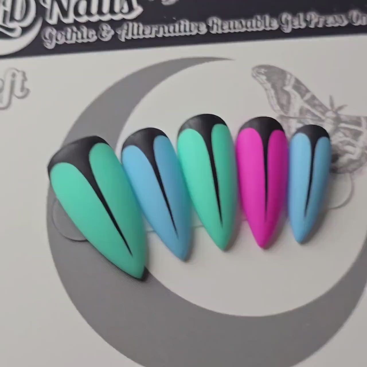 Spring Widow Press On Nails, Neon Goth Stiletto Nails, Matte Black Negative Space Nails, Teal Blue Pink Alternative Nails, Cyberpunk Goth