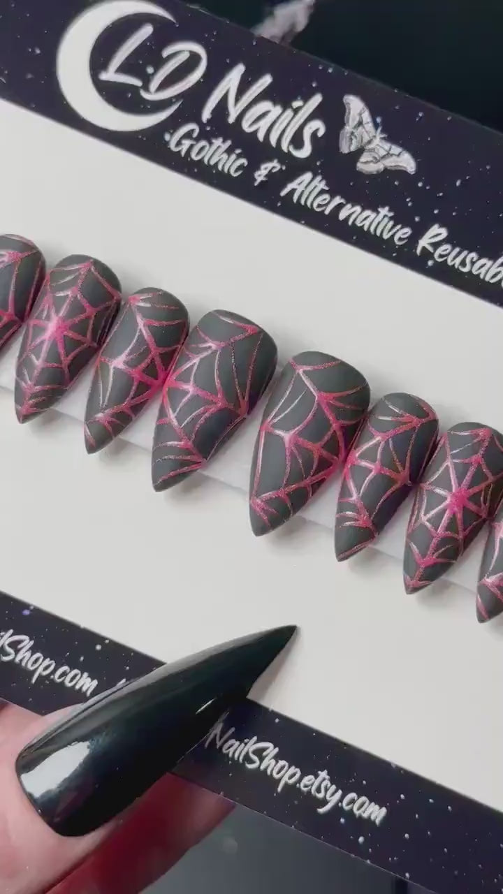 Pink Holo Webs, Neon Goth Press On Nails, Pink Glitter Spiderweb Nails, 3D Web Nails, Embossed Spiderweb Press Ons, Reusable Press-on Nails