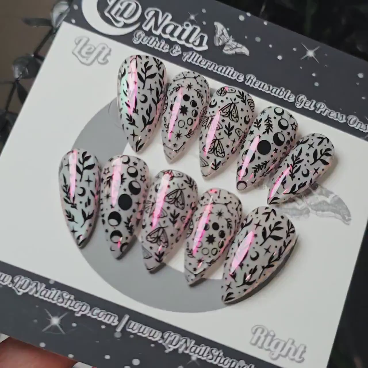 Mystical Cat Eye Chrome Press On Nails, Moth and Moon Witchy Press Ons