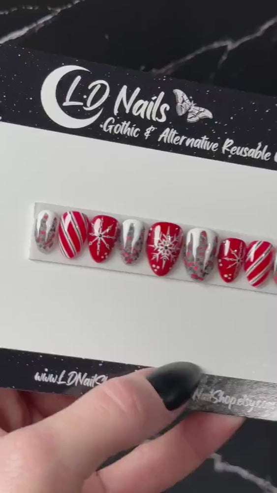 
                      
                        Load and play video in Gallery viewer, Red &amp;amp; White Winter Nails, Gothic Snowflake Nails, Christmas Press On Nails, Goth Nails, Witchy Nails, Reusable False Nails, Fake Nails
                      
                    