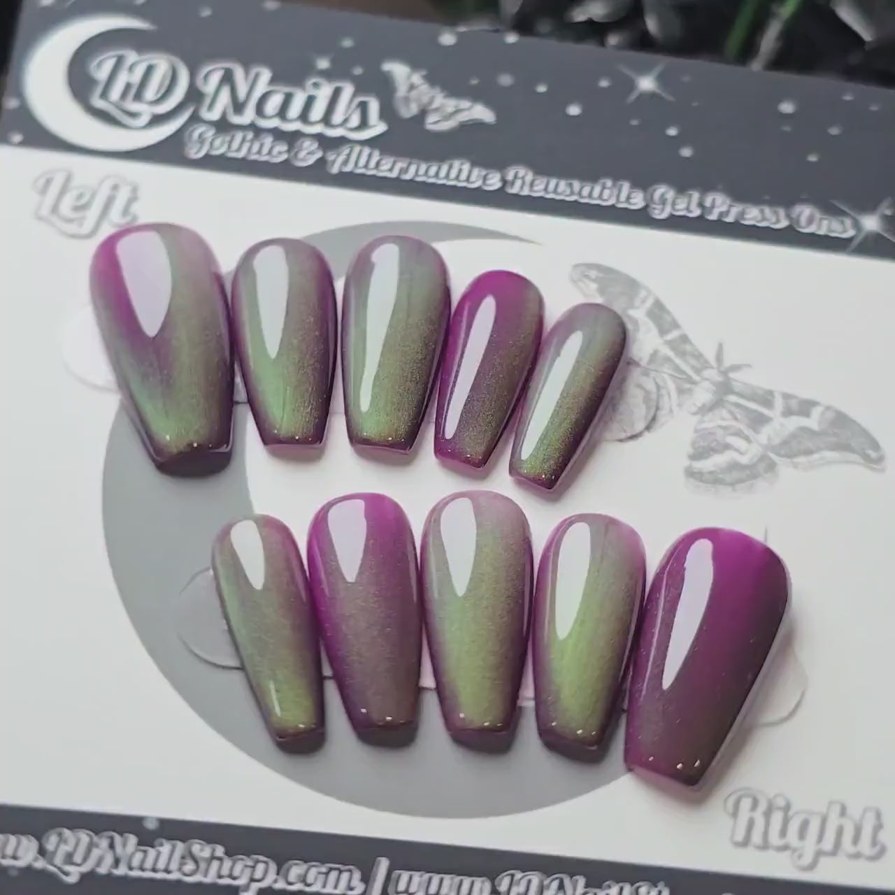 Green Grape Press On Nails, Green Purple Cat Eye Nails, Magnetic Gel Press Ons, Gothic Earthy Nails, Witchy Reusable Coffin Nails