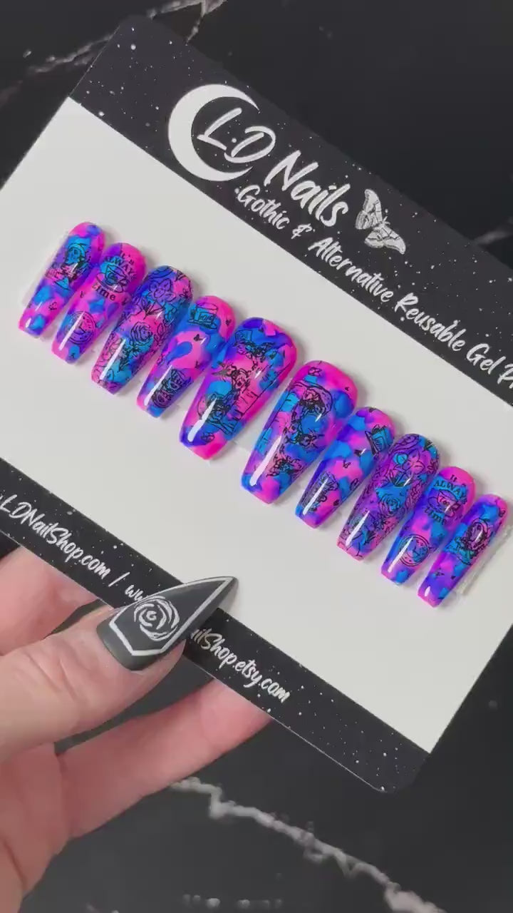 READY TO SHIP,  Gothic Nails, Pink and Blue, Tea Party, Witchy Nails, Reusable False Nails, Fake Nail, Press-on Nail, Glue-on