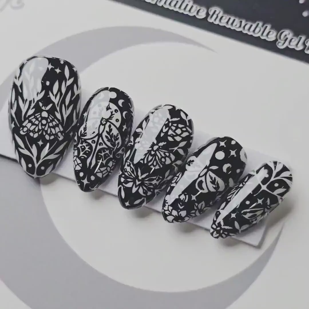 Nocturnal Garden, Witchy Halloween Press On Nails, Gothic Moth Nails, Glow in the Dark Press Ons