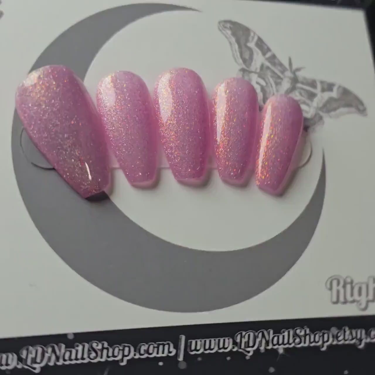 Enchanted Rose Pink Glitter Press On Nails, Cat Eye Sparkle Nails, Fairytale Fantasy Nails, Holographic Shimmer Coffin Manicure