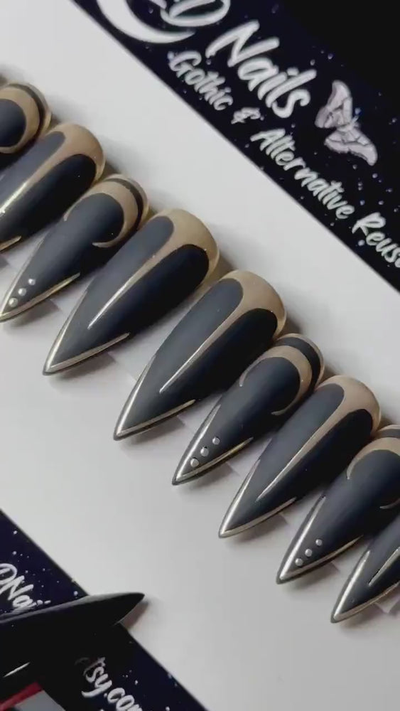 
                      
                        Load and play video in Gallery viewer, Wicked Regal, Black and Gold Witchy Moon Nails, Gothic Gold Chrome Press On Nails, Matte Goth Nails, Reusable False Nails, Press-on Nails
                      
                    