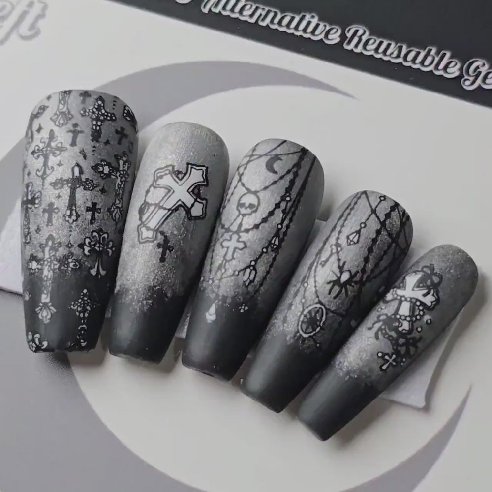 
                      
                        Load and play video in Gallery viewer, Deaths Rosary - Crypt Couture, Gothic Halloween Press On Nails, Spooky Vamp Cat Eye Nails
                      
                    