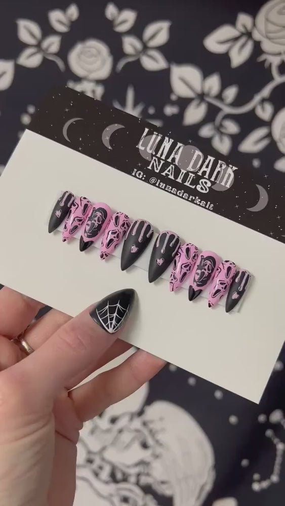 
                      
                        Load and play video in Gallery viewer, Pink &amp;amp; Black Gothic Valentines Day Nails,PRESS ON NAILS, Gothic Press Ons, Alternative Nails, Goth Nails, Witchy Nails, Reusable False Nails
                      
                    